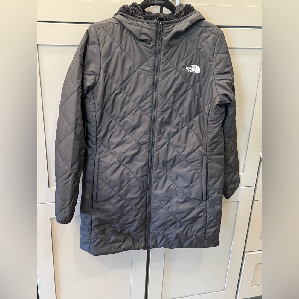 The North Face black long coat, size small petite, length 32”, excellent